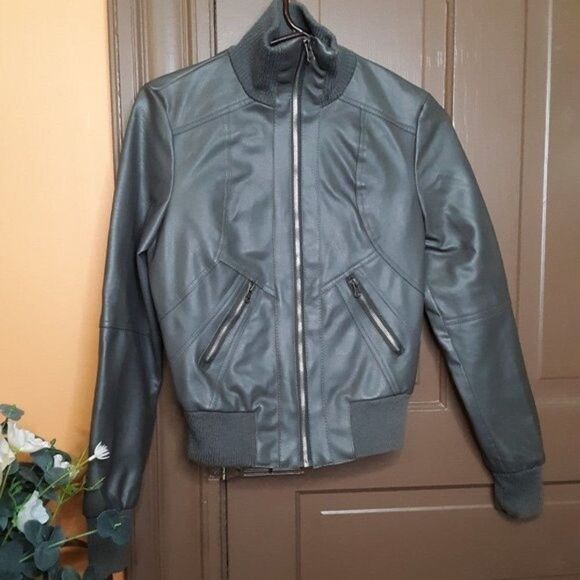 Women's Grey Faux Leather Bomber Jacket size S Miss London - Picture 2 of 11